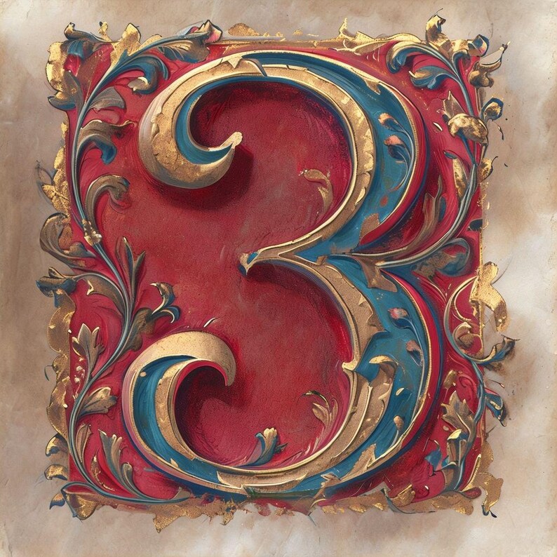 May include: An ornate, stylized number three in gold, teal, and red. The number is set against a red background and framed by gold and teal floral embellishments. The artwork has a vintage, illuminated manuscript style.