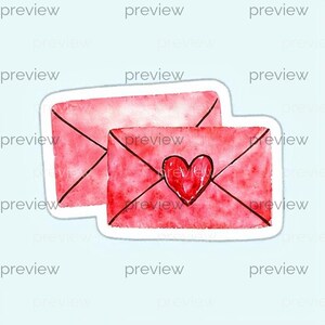 Può includere: Due adesivi in stile acquerello di buste rosa. Una busta presenta un cuore rosso e linee nere. Le buste sono su sfondo bianco con uno sfondo azzurro.