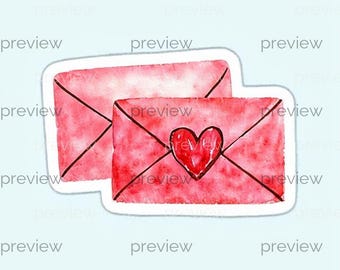 May include: Two watercolor-style stickers of pink envelopes. One envelope features a red heart and black lines. The envelopes are on a white background with a light blue background.