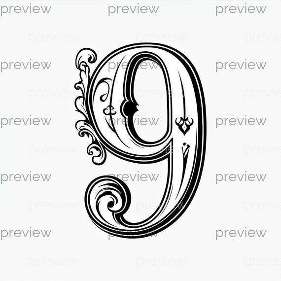 Ornate Stylized Number 9 Digital Art - Vintage Typography Design
