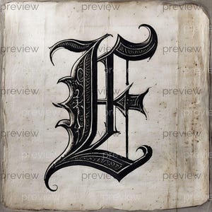May include: A black, ornate letter "E" on a textured, off-white background. The letter features intricate details and flourishes, with a vintage aesthetic. The background has a worn, aged appearance, suggesting an antique print.
