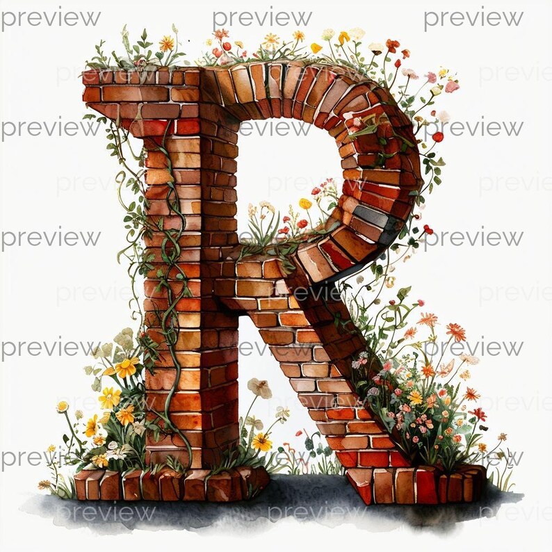 Brick Letter R R Whimsical Red Brick Letter R Surrounded by Vibrant Flowers and ...