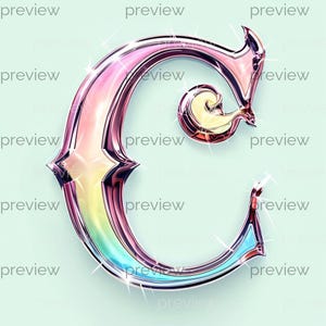 Könnte beinhalten: Ein 3D-gerenderter Buchstabe "C" in einem Farbverlauf, einschließlich Rosa, Gelb, Blau und Silber. Der Buchstabe hat ein glänzendes, metallisches Aussehen mit dekorativen Verzierungen und einem funkelnden Effekt.