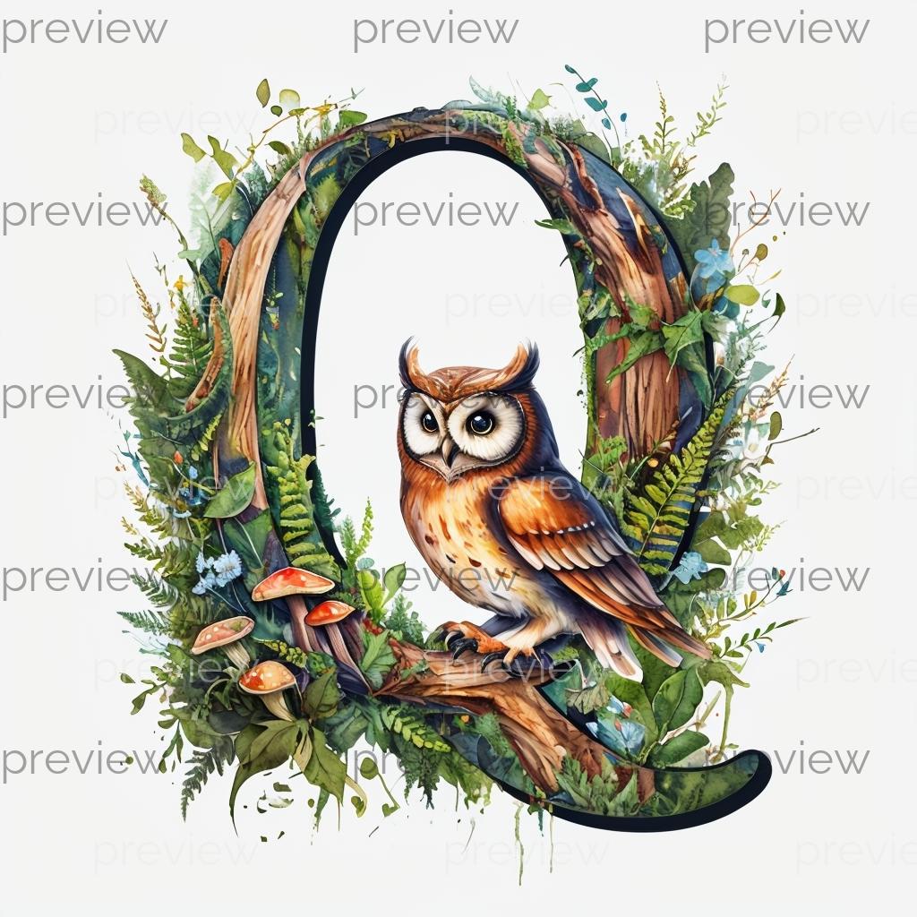 Q Whimsical Nature-Inspired Letter Q with Owl and Foliage in Vibrant Digital Art - Instant Download 