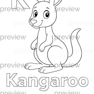 遊び心のある漫画カンガルーと太字のKとカンガルーの文字 - 子供の教育活動のための楽しくフレンドリーな塗り絵ページ