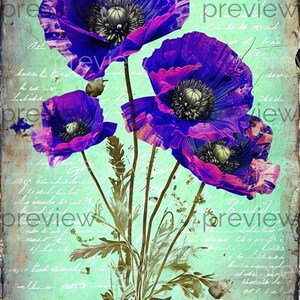 May include: A digital art print featuring a bouquet of vibrant purple poppies with dark centers and green stems. The flowers are set against a faded teal background with handwritten script and a distressed border, creating a vintage aesthetic.