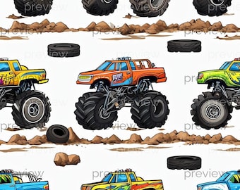 May include: A repeating pattern of colorful monster trucks on a white background. The trucks are in various colors, including orange, yellow, green, and blue, with large black tires. The design also includes spare tires and dirt mounds.