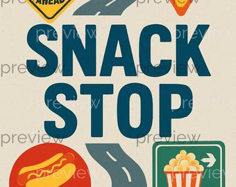 Snack Stop - Um design divertido para viagem com placas coloridas de lanches e elementos de viagem divertidos para download instantâneo