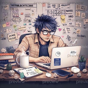 Focused Young Programmer at Cluttered Desk with CODE CODE REPORT repeat Sticker - Digital Art for Instant Download