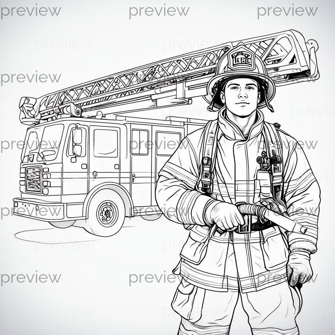 Fire Crew Drawing Brave Firefighter Standing Proudly With Fire Truck - Detailed Line ...