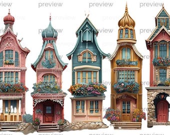 Whimsical Beach Cottages in Pastel Colors - Digital Art for Printable Instant Download