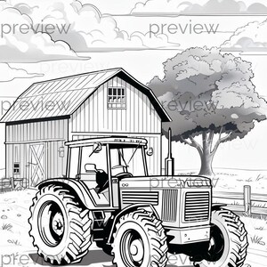 May include: Black and white illustration of a tractor in front of a barn. The tractor has large tires and is parked on a dirt road. A tree and clouds are in the background.