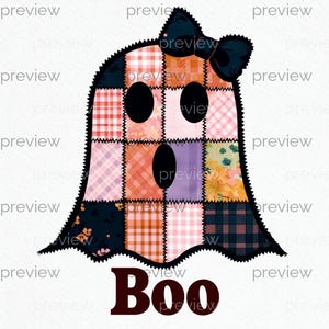 Söt tecknad spöke med lapptäcksdesign och rosett - Boo - Perfekt för Halloweendekorationer och barnkonstprojekt
