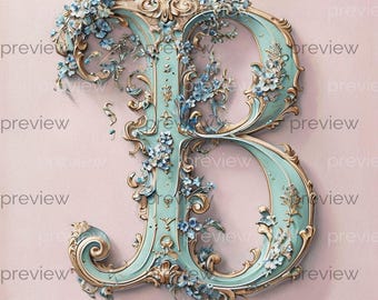 B Ornate Floral Letter B in Turquoise and Gold - Elegant Digital Art for Instant Download - Printable Decor
