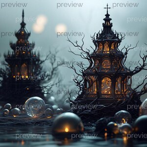 May include: A digital art piece featuring two ornate, dark structures resembling gothic towers, illuminated from within. Spheres of varying sizes, some glowing, are scattered in the foreground, creating a mystical, fantasy scene.