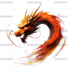 Puede incluir: Una vibrante ilustración de un dragón, con una cabeza y un cuerpo detallados en tonos naranja y rojo. La cabeza del dragón tiene dientes afilados y ojos penetrantes. El cuerpo forma una forma circular, con detalles de pincelada.