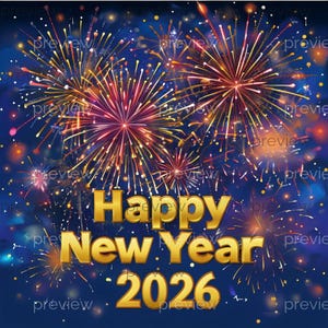 Puede incluir: Imagen festiva con un fondo azul oscuro y fuegos artificiales vibrantes en tonos rojos, amarillos y naranjas. El texto dorado dice "Happy New Year 2026", celebrando el próximo año con un tema festivo.