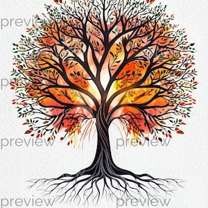 Può includere: Illustrazione ad acquerello di un albero con un vivace centro arancione e giallo, rami e radici neri. L'albero ha foglie verdi e rosse. Il testo "I AM WHO I AM" è in basso.