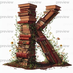 May include: A decorative letter "K" formed from stacks of vintage books in shades of brown and red. The letter is adorned with green vines, wildflowers, and a touch of earth, creating a whimsical, literary-themed design.