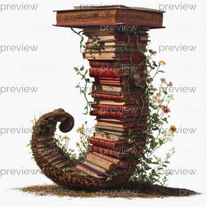 May include: A whimsical artistic rendering of a stack of vintage books, forming a stylized letter "J". The books are bound in various shades of red and brown, adorned with climbing vines and small flowers, set against a white background.
