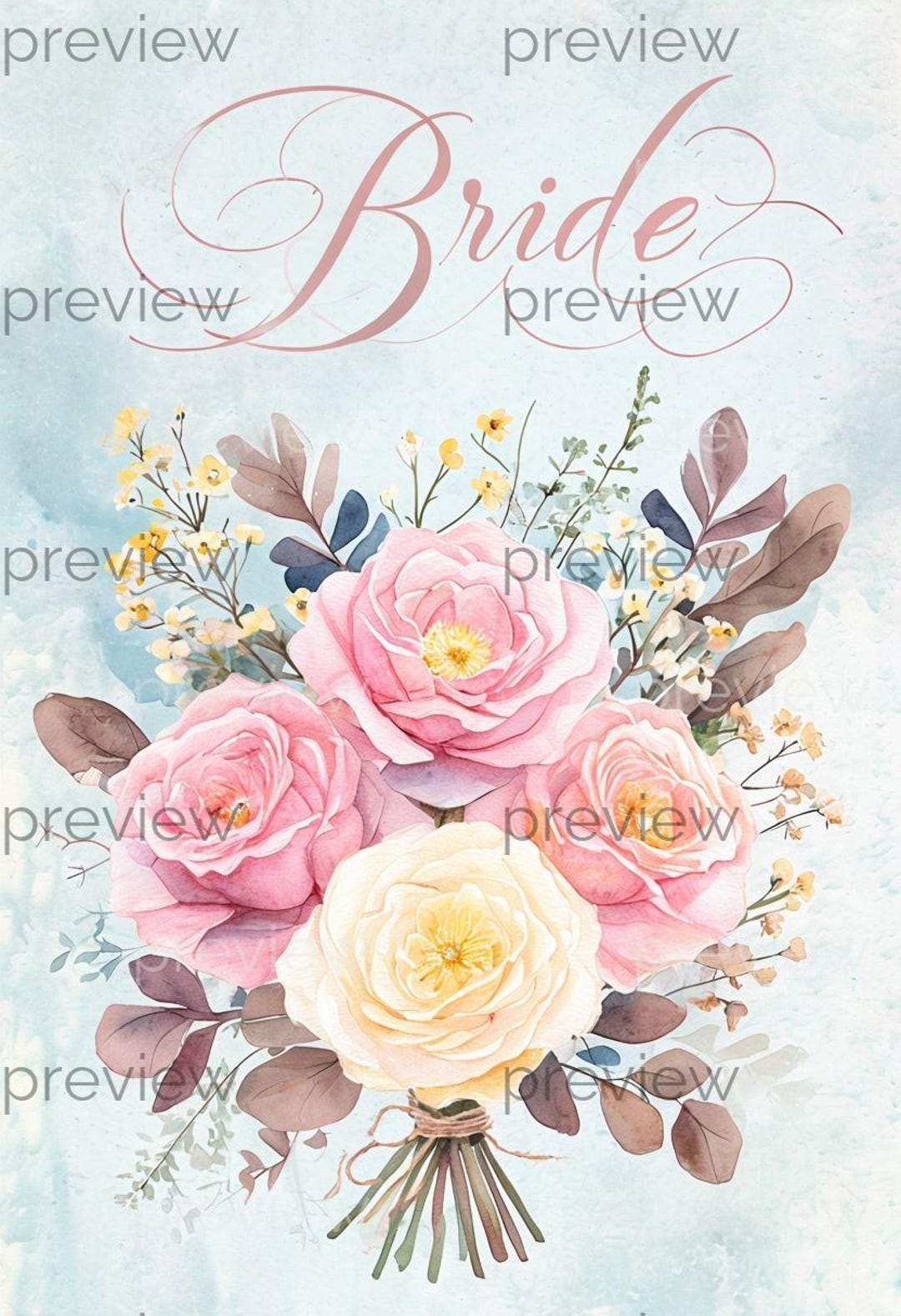 Elegant Bridal Bouquet Watercolor Art With Bride in Cursive - Perfect ...