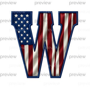 May include: A patriotic letter "W" design featuring the American flag. The left side displays a blue field with white stars, while the rest showcases red and white stripes. The letter has a dark blue border.