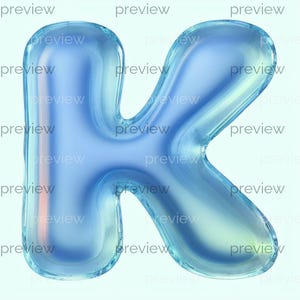 May include: A translucent, light blue letter "K" with a glossy, bubble-like appearance. The letter is rendered in a 3D style, with highlights and shadows creating depth. The background is a soft, light blue.