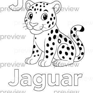 遊び心のあるジャガーの赤ちゃんのぬり絵ページ（太字のJとジャガーの文字付き） - お子様のアクティビティやギフトラッピングに使える楽しいデジタルペーパー