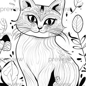 May include: A black and white line drawing of a cat, featuring detailed patterns on its face and fur. The cat is set amongst stylised leaves and plants, creating a decorative and whimsical design.