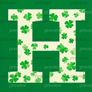 May include: A green background features a large, off-white letter "H" filled with green shamrocks. The letter is outlined in green, and the shamrocks are scattered across the off-white interior, creating a festive design.