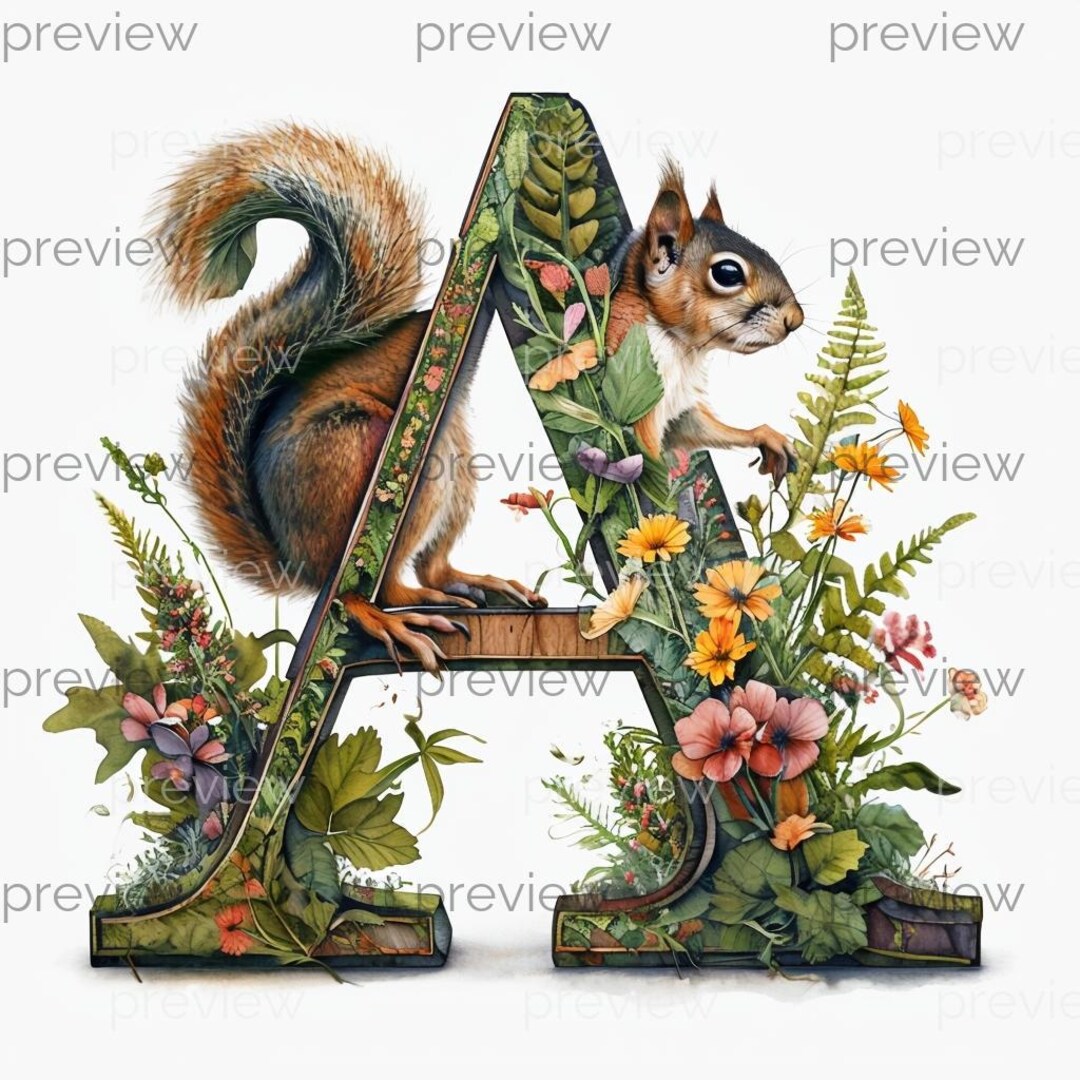 Squirrel Letters A Vibrant Floral Letter A With Squirrel - Whimsical Nature-inspired ...