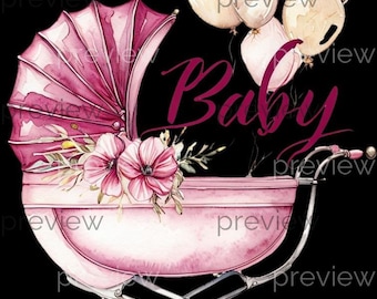 Vintage Baby Pram Art: Pink Floral Stroller, Baby Shower Decor (Digital Download)
