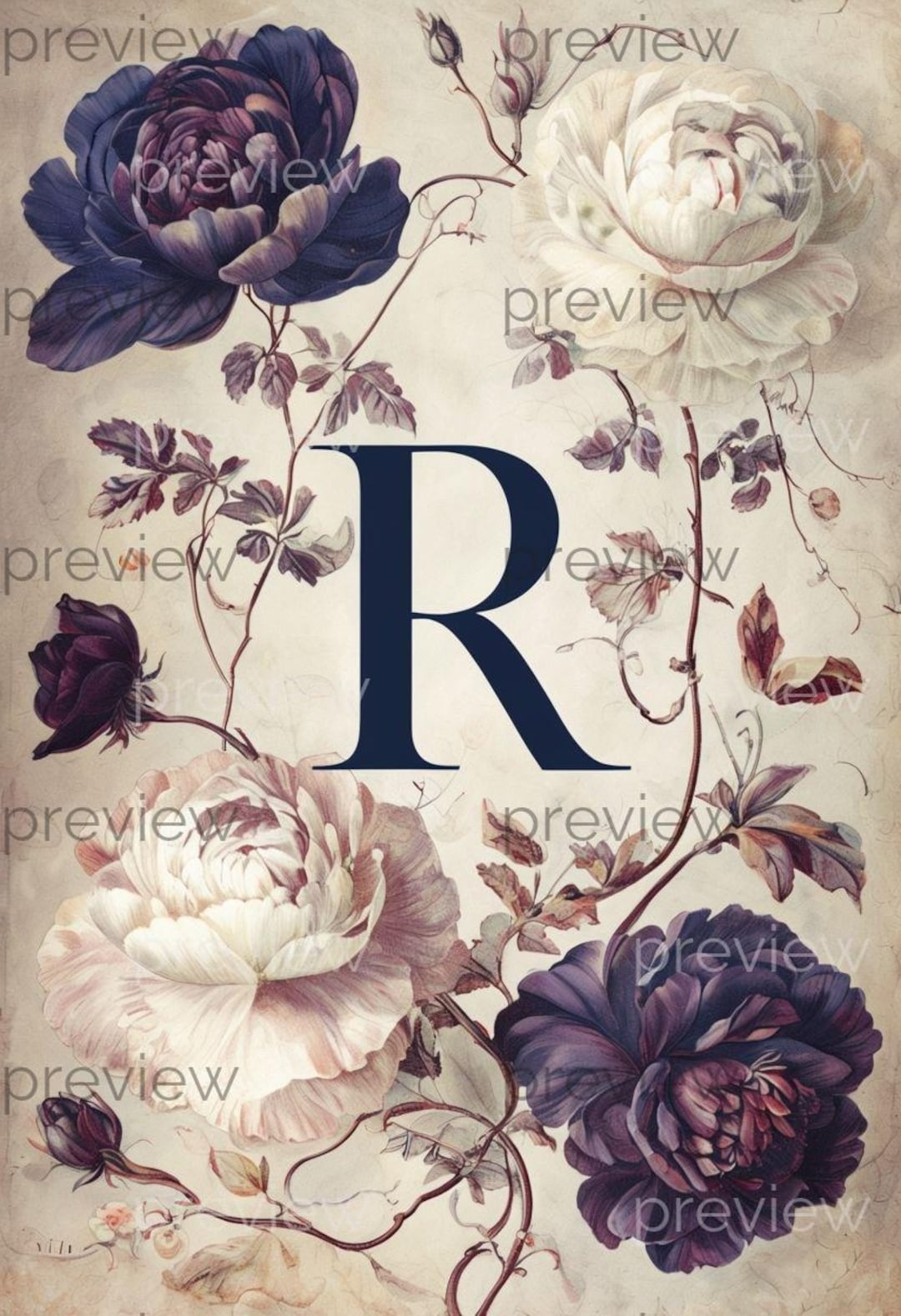 R Elegant Floral Design With Bold Letter R in Navy - Beautiful Peonies ...