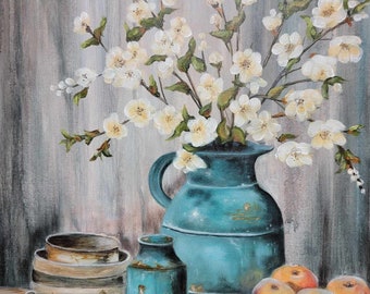 Peach Blossom Still Life Original Painting on Canvas