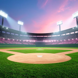 May include: A baseball stadium at dusk, with a green field and a tan infield. The stands are filled with spectators, and bright stadium lights illuminate the field. The sky is a mix of pink and blue.