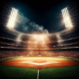 May include: A baseball stadium at night, illuminated by bright stadium lights. The field is green with a red-brown infield. The stands are filled with spectators, creating a vibrant atmosphere.