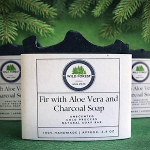 Fir Tree Activated Charcoal Soap: Enriched With Aloe Vera For Sensitive Acne Prone Skin, Deep Pore Cleansing Bar, Clarifying Creamy Lather