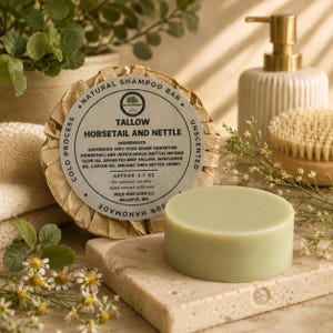 May include: A round, light green shampoo bar sits next to a wrapped bar labeled Wild Forest Tallow Horsetail and Nettle, listing ingredients including saponified food grade equisetum, nettle, beef tallow, sunflower oil, castor oil, and honey, 3.5 oz.