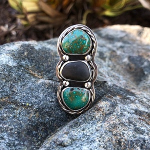 Turquoise and Beach Pebble Multi Stone Sterling Silver Ring