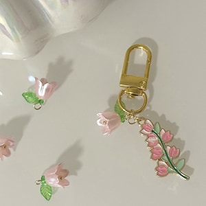 Floral Lily of the Valley Keychain | Cute Pink Flower Phone Bag Pendant Charm | Alloy Key Chain | Gift Christmas | Flower Accessory