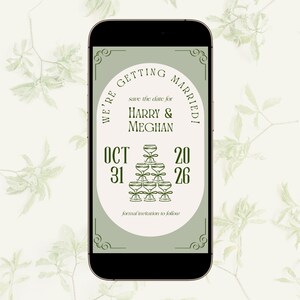 Invito digitale "Save the Date" / Torre di champagne verde salvia