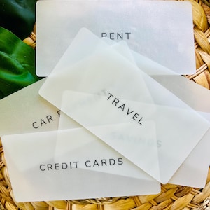 May include: A collection of translucent white card organizers with black text, including "CREDIT CARDS", "TRAVEL", and "RENT". The cards are arranged in a woven basket, with green leaves visible in the background.