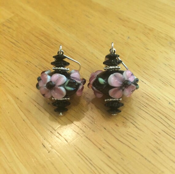 Green black lampwork glass crystal beaded floral earrings