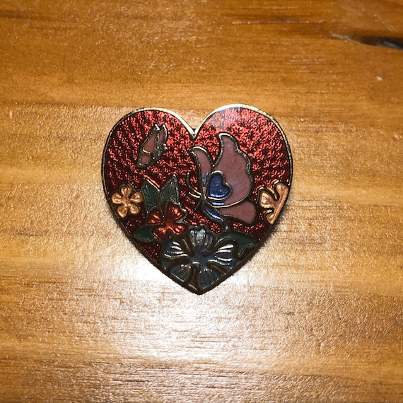 Vintage Heart-Shaped Cloisonne Butterfly and Flow… - image 1