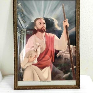 Vintage &quot;I Am The Good Shepherd&quot; Jesus Print 1961 - Framed Religious Wall Art - Christian Decor - Rustic Faith Gift - 13.5&quot; Tall & 8.5&quot; Wide