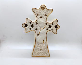 Vintage Christian Cross Candle Holder with Praying Child, Porcelain Lighted Cross Decor, Gold Trim Religious Home Decor