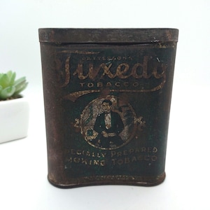 Vintage 1940s Fresh Tuxedo Tobacco Empty Tin - 4&quot; x 4.5&quot; - Collectible Advertising Tin with Lid