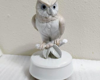 Vintage Porcelain White Owl Music Box 9 Inch