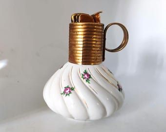 Vintage Evans Rose Motif Tabletop Cigarette Lighter | Porcelain Floral Desk Lighter | Mid Century Brass Accent Decor