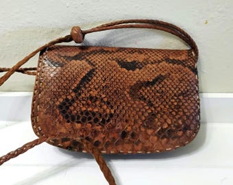 Vintage Genuine Snakeskin Crossbody Purse Small Brown Python Style Bag Boho Mid Century Leather Shoulder Bag